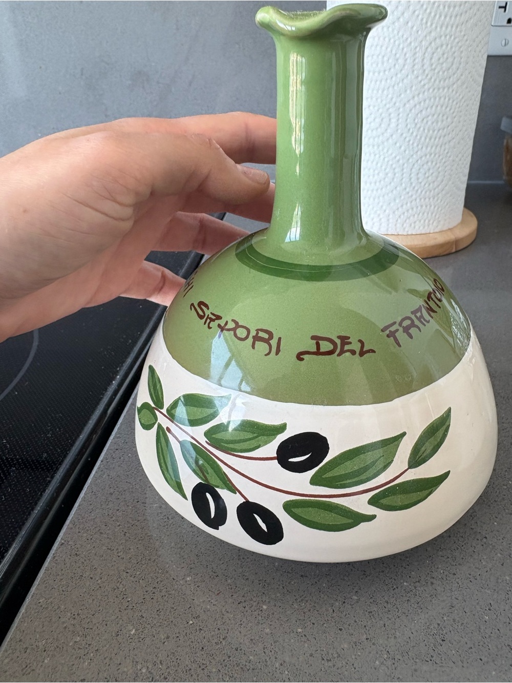 Italian Green and White Hand-Painted Ceramic Olive Oil Cruet - Picture 2 of 7
